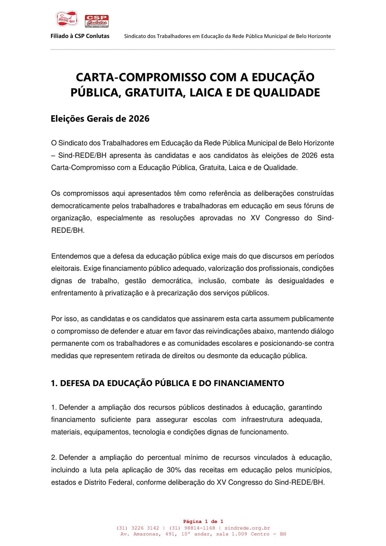 Carta-compromisso com a educação pública, gratuita, laica e de qualidade — página 1 de 5