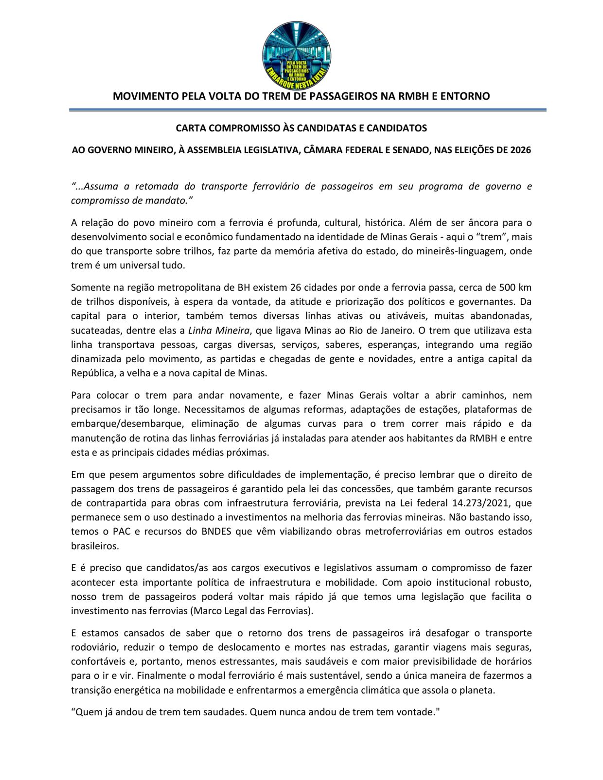 Carta compromisso pela volta do trem de passageiros — página 1 de 2